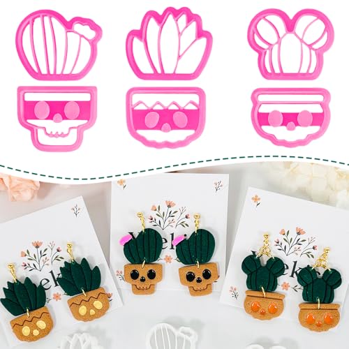 Xaekicr Halloween Cactus Polymer Clay Cutters – 6Pcs Skull Plant Clay Earring Cutters for DIY Halloween Jewelry – Cute Clay Tools for Polymer Clay Crafts - color: T color