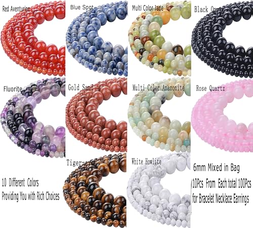 YouLuo Natural Stone Beads 100pcs 6mm Round Crystal Real Stone Beads Loose Gemstone Stone Beads 10 Colors Chakra Stones DIY Genuine Smooth Beads for Bracelet Necklace Jewelry Making (6mm Mixed)
