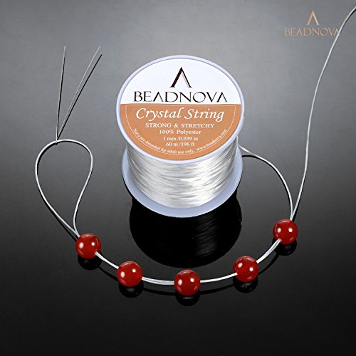 BEADNOVA 1mm Elastic Stretch Jewelry Bracelet Crystal String Cord 60m Roll (2 Roll String with Sewing Fishing Scissors Snips Beading Thread Cutter Embroidery Nippers)
