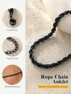 U7 Women Girls Barefoot Jewelry 18K Gold or Rose Gold Stainless Steel Heart/Rope/Figaro/Cuban Chain Anklet Foot Bracelet, 25-30 CM Long - color: Black-3mm-Rope Chain
