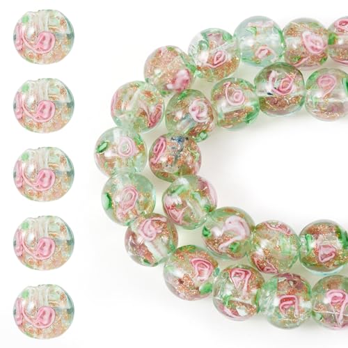 Elecrelive 40Pcs 10mm Flower Glass Beads Gold Sand Lampwork Beads Sea Green Floral Round Crystal for DIY Bracelet Necklace Earring Jewelry Making - color: Dark Sea Green