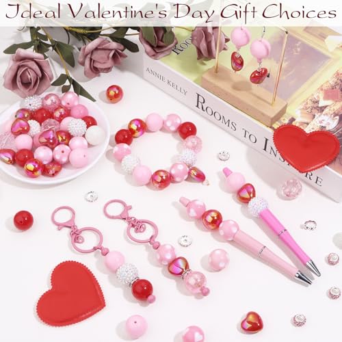 35 Pcs 20mm Chunky Bubblegum Beads Focal Pen Large Rhinestone Pearl Bead with Rhinestone Large Hole European Spacer Beads for DIY Beadable Pen Keychain Jewelry Craft Making(Pink Heart) - color: Pink Heart