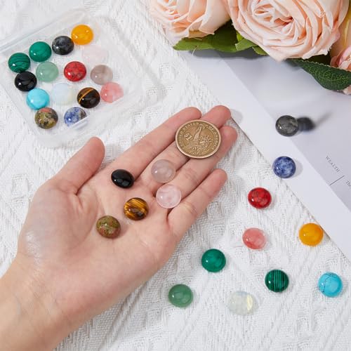 SUPERFINDINGS 30PCS Gemstone Cabochons 15 Styles Flat Round Cabochons 1.4cm/0.55in Crystal Quartz Stone for Earring Necklace Bracelet Jewelry Making - size: 14mm