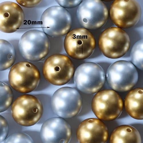 50PCS 20MM Bubblegum Beads for Pens, Matted Gold Silvery Chunky Disco Ball Large Acrylic Round Beads for Bag Focal Beadable Pen Keychain Making Jewelry Bracelet Making DIY Crafts - color: Matted Gold Silvery