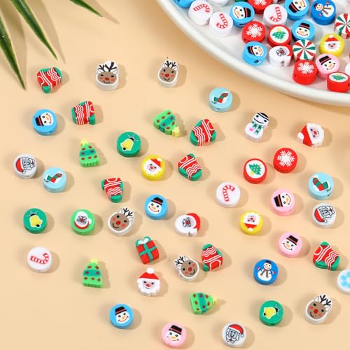 100 Pcs Polymer Clay Christmas Beads for Making Bracelets, 10mm Christmas Spacer Beads Charms for Women Jewelry Making DIY Xmas (Christmas D) - color: Christmas D
