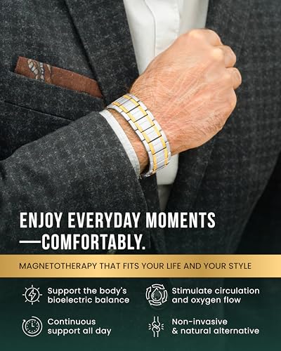 MagnetRX® 3X Strength Magnetic Bracelets for Men – Effective Magnetic Titanium Bracelet for Men – Premium Fold–over Clasp & Adjustable Length with Sizing Tool & Gift Box (Silver/Gold) - color: Silver & Gold (3X Strength)