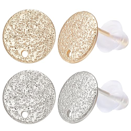 Beebeecraft 32Pcs 2 Colors Flat Round Earring Findings 18K Gold & Platinum Plated Frosted Surface Round Earring Post with Hole and 40Pcs Plastic Ear Nuts for Earring Jewelry Making - color: Gold and Silver