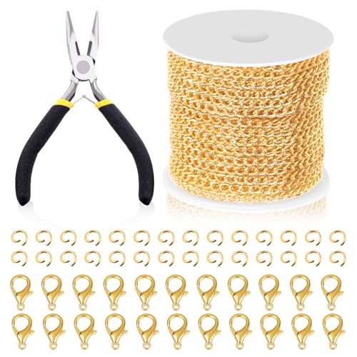 Swpeet 102Pcs Gold 3mm by 10 Yard Length Jewelry Making Chains Kit with Jump Rings, Lobster Clasps and Jewelry Plier, Necklace Chains Flat Cable Link Chain Bulk Ideal for DIY Craft Jewel Making - color: Gold