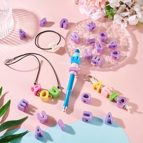 FASHEWELRY 50Pcs Large Acrylic Letter Beads UV Plating Iridescent Vowel Alphabet Beads 3D Initial Slider Bead with Horizontal Hole for Bracelets Necklace Keychains Jewelry Making - Purple - color: Purple