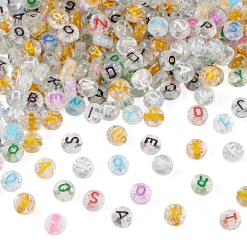 400Pcs Clear Glitter Letter Beads 7x3.5mm Acrylic Transparent Alphabet Spacer Beads Small Pony Bead for Friendship Bracelet Necklace Keychain Crafts Jewelry Making - color: Transparent, Flat Round, size: 7x3.5mm