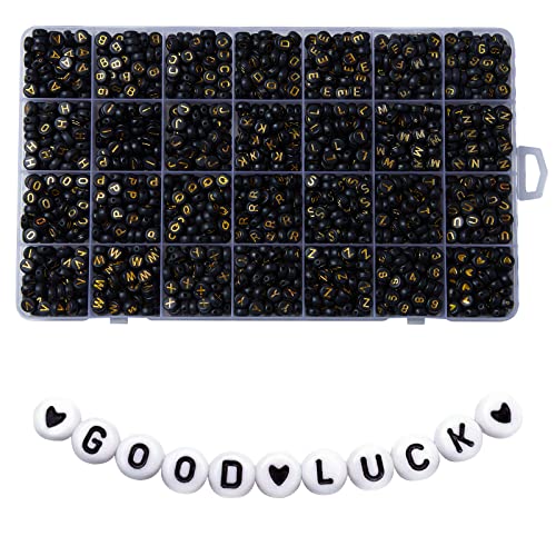 1400pcs Letter Beads, 4x7 mm Acrylic Alphabet Beads, Beads for Jewelry and Bracelet Making, in 28 Grid Box (Black and Gold) - color: Black Beads Gold Letter