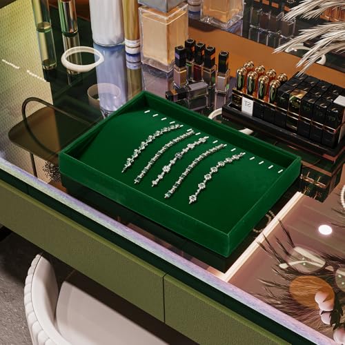 16 Slots Velvet Necklace Bracelet Tray Jewelry Trays Jewelry Drawer Organizer for Necklace, Bracelets, Watch Storage Display (Green) - size: 16 Slot