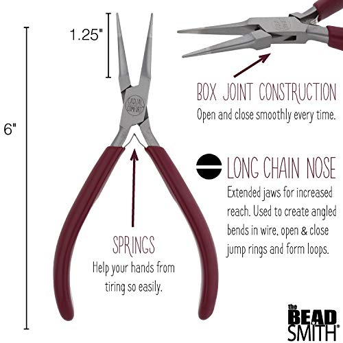 The Beadsmith Long Chain Nose Pliers – 6.25-Inches (160 mm) Jewelry-Making Tool w/Polished Steel Head, PVC Comfort Grip, & Double-Leaf Springs - size: 5.5inches