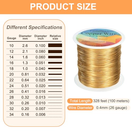 HARFINGTON Wire 328ft Length 26 Gauge Copper Craft Jewelry Wrapping Wire Tarnish Resistant Beading for Jewelry Making Supplies Crafting, Bright Gold - color: Bright Gold