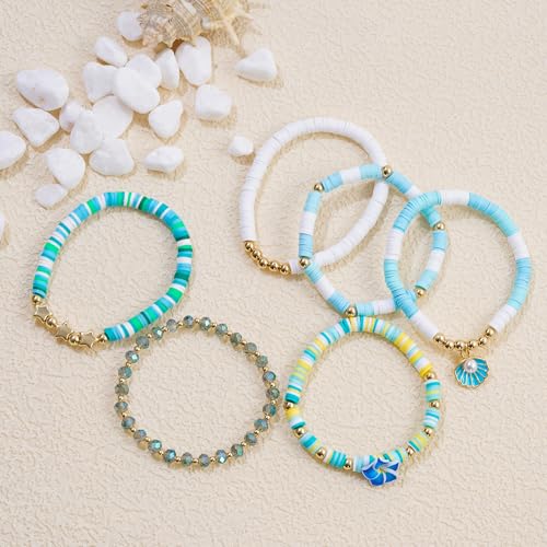 RISHEGAE Heishi Beaded Stretch Bracelets for Women Stackable Polymer Clay Beads Bracelets Friendship Boho Summer Beach Bracelet Jewelry Set - color: F-Blue Flower