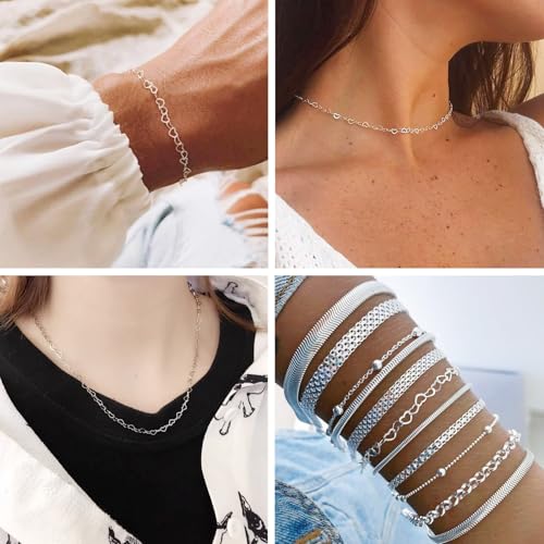 Sterling Silver Chain for Jewelry Making, Heart Link Chains 3x4mm 3.28 Feet Silver Necklace with Velvet Polishing Cloth Permanent Bracelet Kit for Women Men Necklace Making - color: Platinum