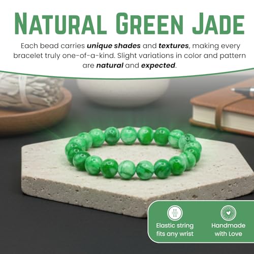 Jade Bracelet for Women & Men - Natural Green Jade Bracelet with 8mm Round Beads, Handmade Adjustable Healing Crystal Jewelry for Spiritual Balance, Luck, Wealth & Protection, Gift for Christmas