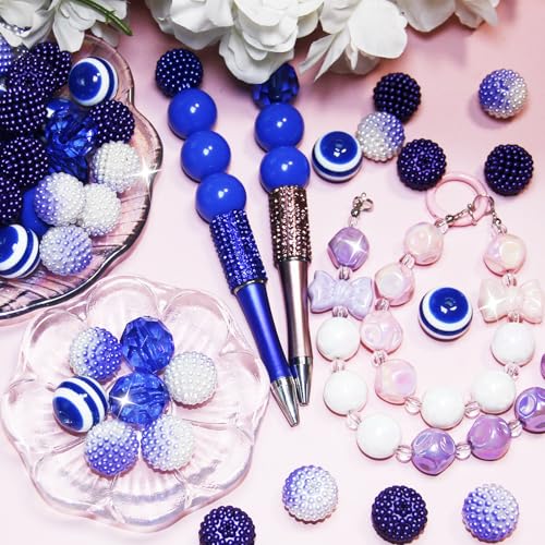 48 Pcs 20mm Beads for Pens Bubblegum Bead Blue Crystal Acrylic Round Chunky Beads Sparkly Large Balls Bead for Pen Beadable Keychain Bracelet Necklace DIY Jewelry Making Supplies - color: Blue Color