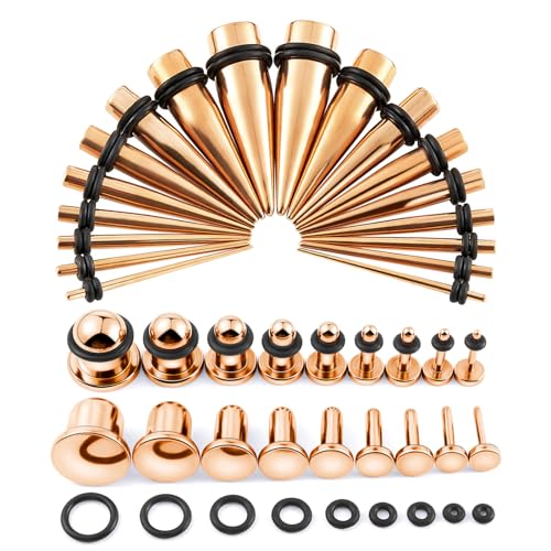 Longbeauty 14G-00G 36pcs Ear Gauges Stretching Kit Surgical Steel Tapers for Ears Gauge Starter Kits Single Flat Top Gauges Plugs for Women Men - color: Rosegold