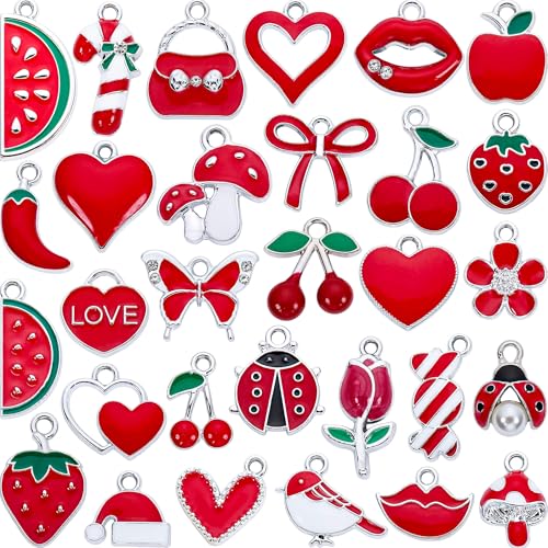 Silver-Tone Enamel Charms Set for DIY Jewelry Making - 30 PCS Colorful Metal Pendants for Bracelets, Necklaces, Keychains - Cute Craft Supplies, Gift for Womens - color: Red
