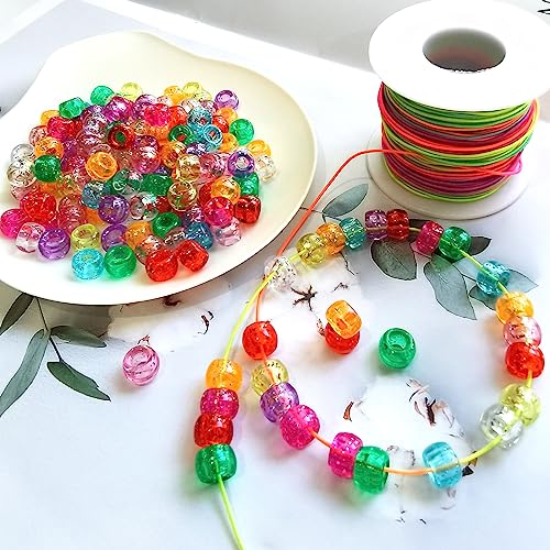Looconi 1000pcs Glitter Pony Beads and Rainbow Elastic String Mixed Colors 6x9mm Acrylic Beads for Jewelry Making Bracelet Hair Braids Crafts - color: Glitter+Line