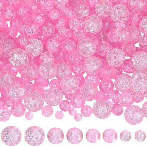 1 Box 450PCS 4/6/8/10MM Pink Crack Beads with Holes Round Glass Crackle Painted Transparent Smooth Small Spacer Loose Bead Bulk for Jewelry Making Necklace Bracelets DIY Crafts Supplies - color: Pink