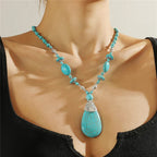 Boho Turquoise Long Beaded Necklace Natural Stone Pendant for Women Vintage Ethnic Alloy Turquoise Western Pendant Jewelry-A