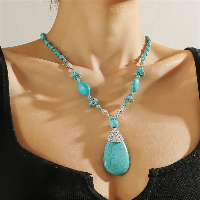 Boho Turquoise Long Beaded Necklace Natural Stone Pendant for Women Vintage Ethnic Alloy Turquoise Western Pendant Jewelry-A