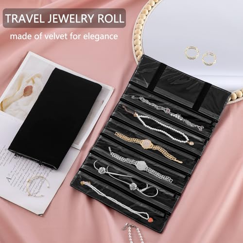 Travel Jewelry Organizer Foldable Jewelries Rolls Makeup Cosmetics Storage Bag for Earrings Rings Necklaces Bracelets with Zippered Pockets (6 Pockets)