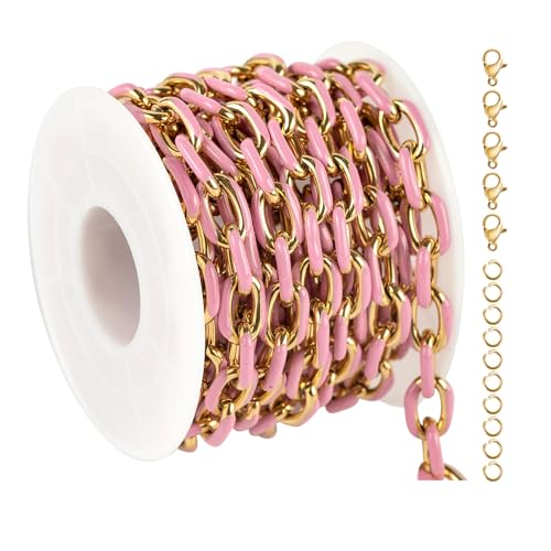 UMAOKANG 2 Meters Pink Enamel Paperclip Chains for Jewelry Making Gold Plated Stainless Steel Jewelry Chain for Necklace Bracelet DIY Jewelry Supplies Findings - color: Pink