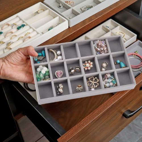 2Pcs 5 x 8.3 Inch 18 Grid Jewelry Tray Drawer Insert Velvet Earring Organizer Display Case Storage with Removable Divider Container Box for Rings Watch Necklace Trinket Holder Showcase Gray - style: Gray 18 Grids