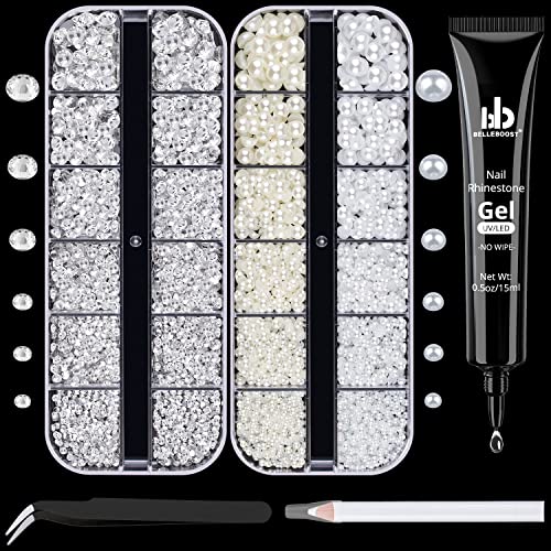 BELLEBOOST Nail Art Rhinestone Glue Gel&2 Boxes Flatback Gems Kit, 1 Tube of 15ml Rhinestone Gel Glue(UV/LED Needed)+Round Clear Gems+Flat-Back Half Round White&Beige Pearls with Pickup Tools - color: A12-Clear+ White&Beige Pearls