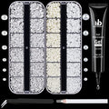 BELLEBOOST Nail Art Rhinestone Glue Gel&2 Boxes Flatback Gems Kit, 1 Tube of 15ml Rhinestone Gel Glue(UV/LED Needed)+Round Clear Gems+Flat-Back Half Round White&Beige Pearls with Pickup Tools - color: A12-Clear+ White&Beige Pearls
