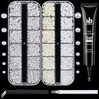 BELLEBOOST Nail Art Rhinestone Glue Gel&2 Boxes Flatback Gems Kit, 1 Tube of 15ml Rhinestone Gel Glue(UV/LED Needed)+Round Clear Gems+Flat-Back Half Round White&Beige Pearls with Pickup Tools - color: A12-Clear+ White&Beige Pearls