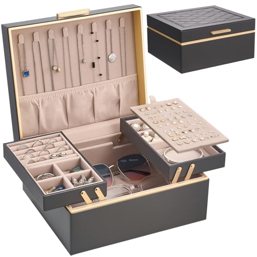Lolalet Jewelry Box Organizer for Women Girls, 2 Layer Jewelry Organizers and Storage for Necklace Earrings Rings Bracelets, Large Jewellery Holder Case Birthday Valentine Gifts -Charcoal gray - color: Charcoalgray
