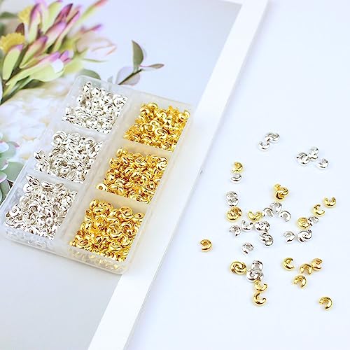 600 Pieces Crimp Bead Covers 4mm Open Half Round Crimp Bead Knot Cover Small Beads for Jewelry Craft Making - color: Gold & Silver