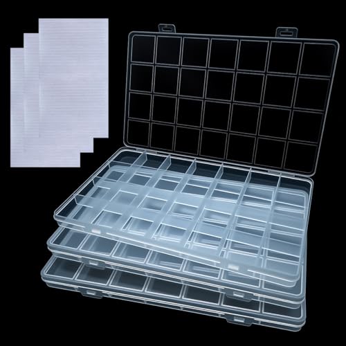 qiipii 3Pcs 28-Grid Clear Plastic Organizer White Fixed Compartment Storage Box for Rhinestones Beads, Earrings Art DIY Craft Jewelry, Diamond Accessories Small Parts, Items (8.82"L x 5.12"W x 0.6"H) - color: 28 Grids, size: 3 Pcs
