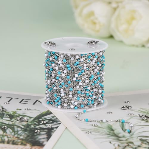 UMAOKANG 33 Feet Stainless Steel Chains for Jewelry Making Light Bule White Enamel Bead Necklace Bracelet DIY Chain Roll - color: Light Blue White-Silver