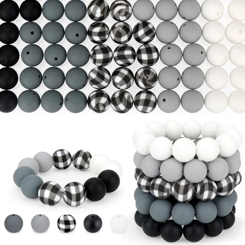 100 Pcs 15mm Silicone Beads for Keychain Making, Pink Gream Silicone Beads Bulk Round for Bracelets Pens Crafts Jewelry Making (Black White) - color: Black White