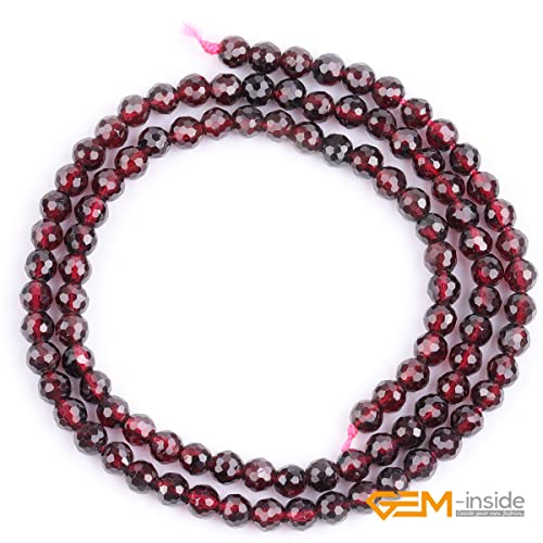 GEM-Inside Natural 4mm AAA Red Garnet Gemstone Faceted Round Stone Loose Beads Crystal Energy Power for Jewelry Making 15"
