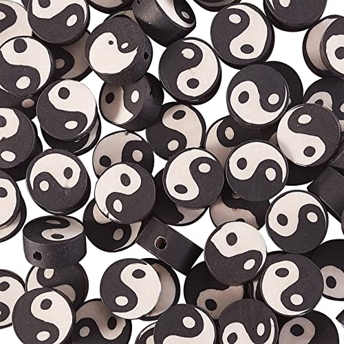 Airssory 100 Pcs Black and White Manmade Polymer Clay Soft Beads Flat Round with Taiji Ying Yang Sign Loose Bead Spacer for Lucky Jewelry Making - color: Yin Yang Beads_Black and White