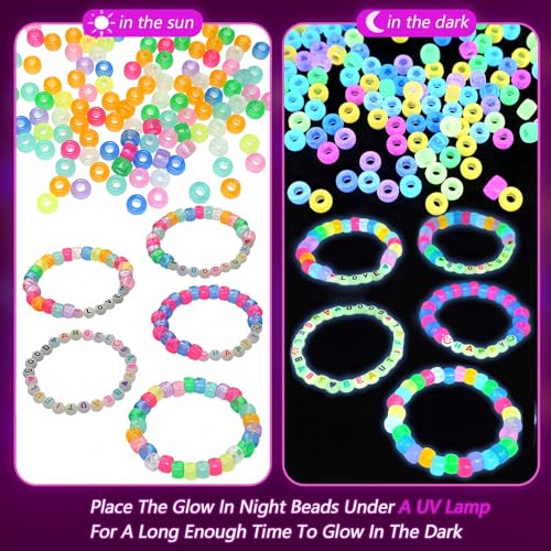 Looconi 1400pcs Colorful Letter Beads that Glow in the Dark 7x4mm Alphabet A-Z and Smiley Heart Beads for Jewelry Bracelet Making - color: Glow-colors
