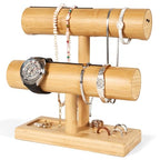 LED Bamboo Jewelry Organizer Stand - Bracelet Holder, Jewelry Organizers and Storage for Necklace, Watch, Earring, Ring - Built-in LED Light Natural Wooden Jewelry Display Stand for Dresser Decor