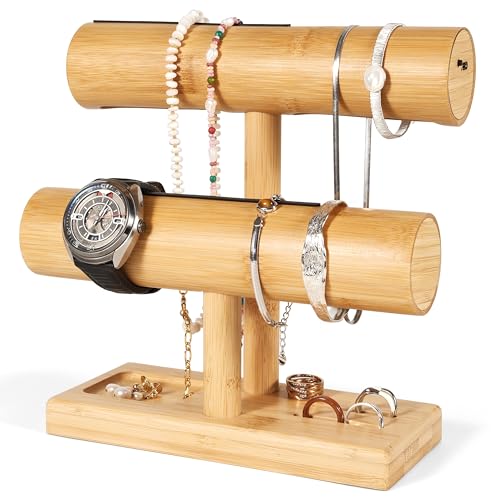 LED Bamboo Jewelry Organizer Stand - Bracelet Holder, Jewelry Organizers and Storage for Necklace, Watch, Earring, Ring - Built-in LED Light Natural Wooden Jewelry Display Stand for Dresser Decor