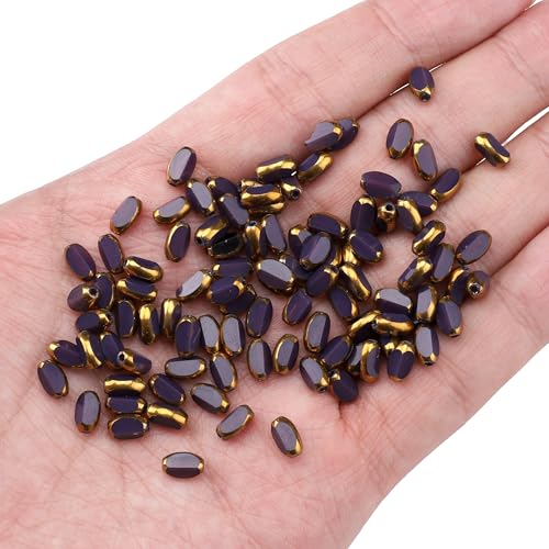 Glass Rice Beads Purple 4x6mm 50pcs Faceted Oval Golden Edge Crystal Loose Beads for DIY Craft Jewelry Making - color: Purple
