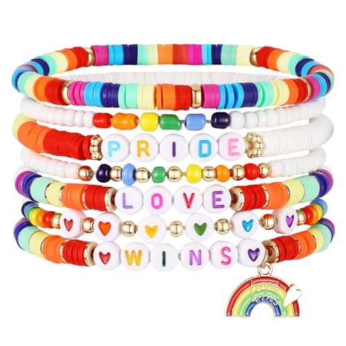 Emibele Colorful Stretch Bracelet Stack Boho Beaded Bracelet Set Heishi Surfer Bracelet Stackable Y2K Trendy Jewelry Friendship Multiple Set Women Fans - style: Pride