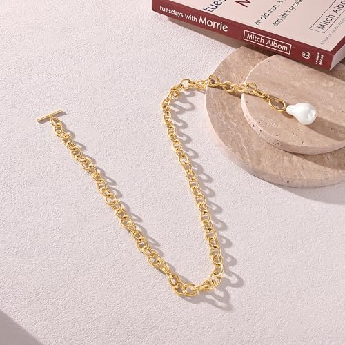 CHESKY 14K Gold Plated Chunky Necklace for Women, Trendy Paperclip Chain Necklace Thick Cross Heart Pendant Necklace Layered Herringbone Cuban Link Chain Toggle Necklaces Non Tarnish Jewelry - color: gold, style: pearl pendant