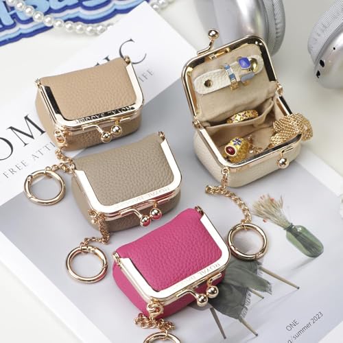 Royal Bagger Genuine Cow Leather Mini Jewelry Box Women's Coin Purse Solid Color Kiss Lock Change Pouch Casual Style Small Storage Bag for Women 1894 (Pink with Chain) - color: Pink with Chain