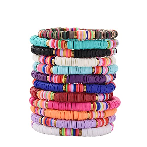 12pcs Friendship Bracelets Beaded Bracelets Heishi Bracelet Cute Bracelets Stack Vinyl Clay Disc Bead Surfer Stretch Summer Beach Bracelets For Women Preppy Bracelets - color: A