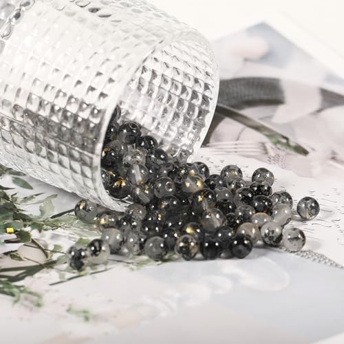 200Pcs Glass Round Beads 8mm Transparent Ink Wash Dye Sprinkled Gold Scattered Beads Handmade DIY Bead Material Bracelet Accessories (Black) - color: Black